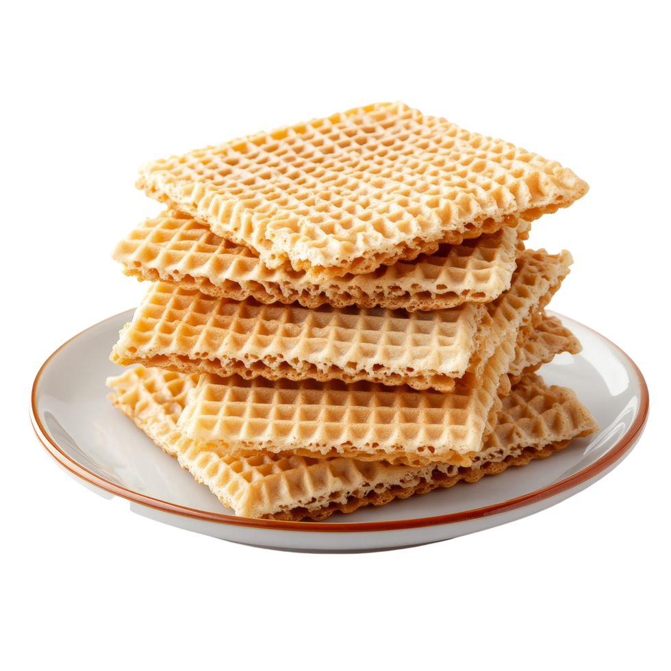 Crispy wafers stacked neatly on a plate isolated against a clean transparent background for an appealing dessert display, Wafers in a plate isolated on transparent background png