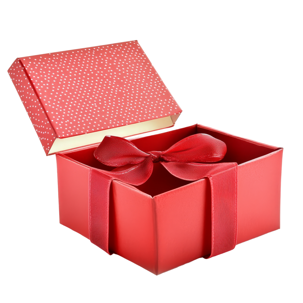 A red open gift box with a ribbon showcasing its interior on a clean transparent background, Red open gift box with ribbon isolated on transparent background png