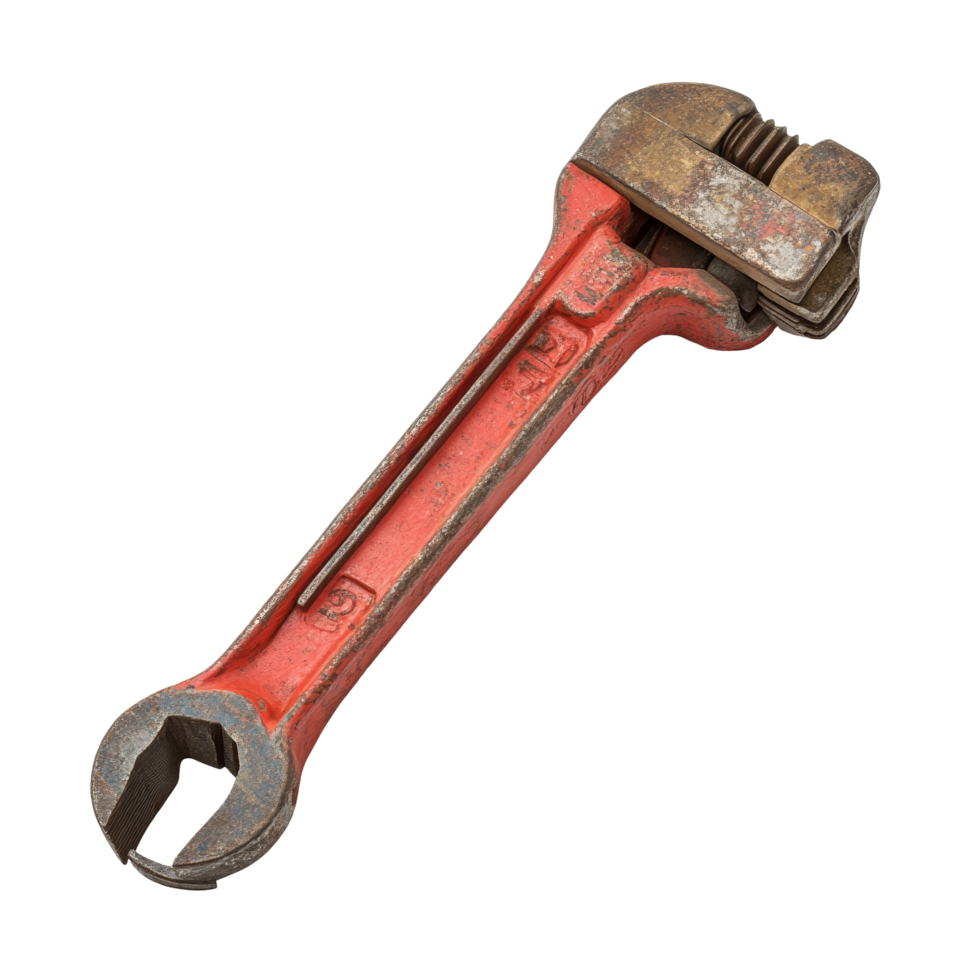 Detailed view of a vintage pipe wrench isolated on a transparent background showcasing its classic design and functionality, Pipe wrench isolated png