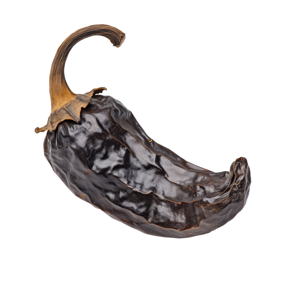 Dried pasilla pepper isolated on a transparent background showcasing its rich texture and unique shape, dried pasilla pepper isolated on transparent background png
