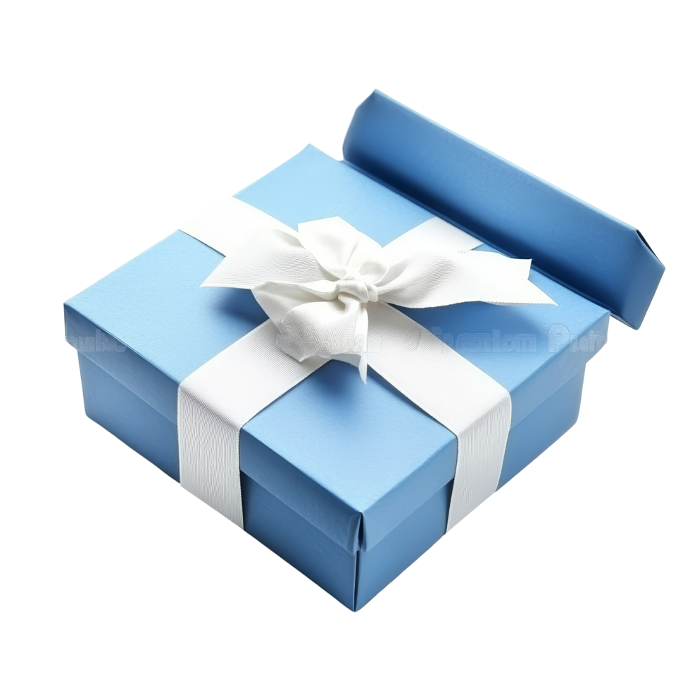 Blue open gift box with a transparent bow isolated on a pristine transparent background, Blue open gift box with transparent bow isolated on transparent png
