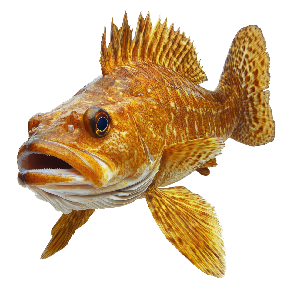 A detailed view of a lingcod fish isolated on a transparent background showcasing its vibrant colors, a lingcod fish isolated on transparent background png