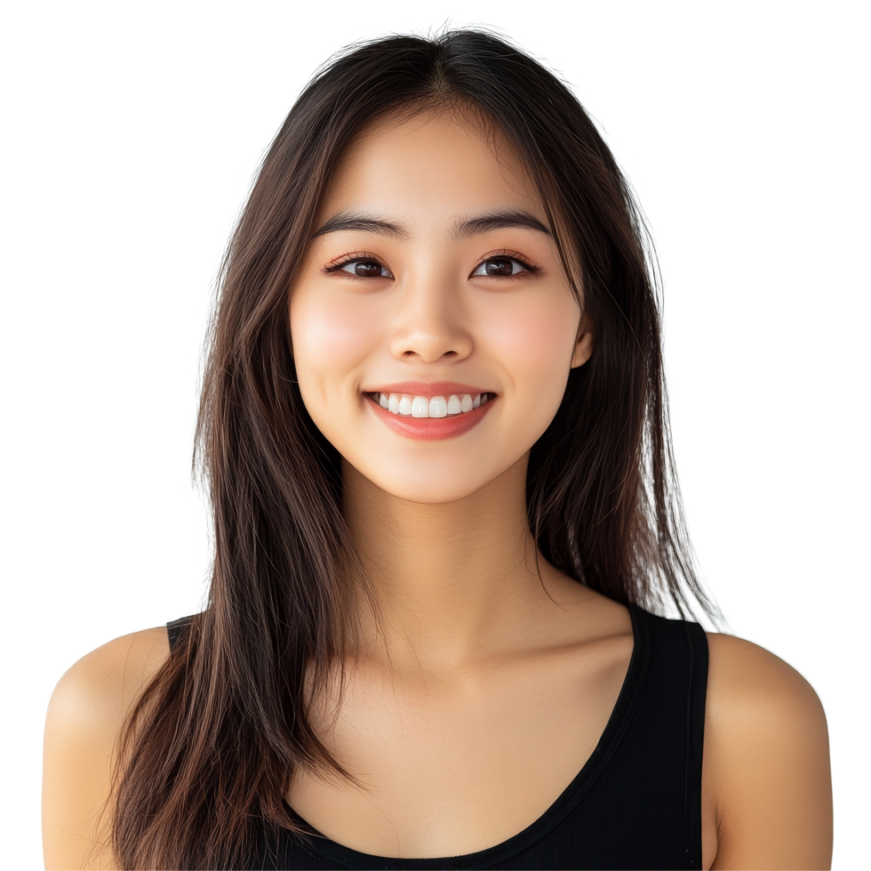 A cheerful young Asian woman smiling confidently in a modern indoor setting during the daytime, Portrait of a Young modern Asian woman smiling and looking at camera isolated on transparent background png