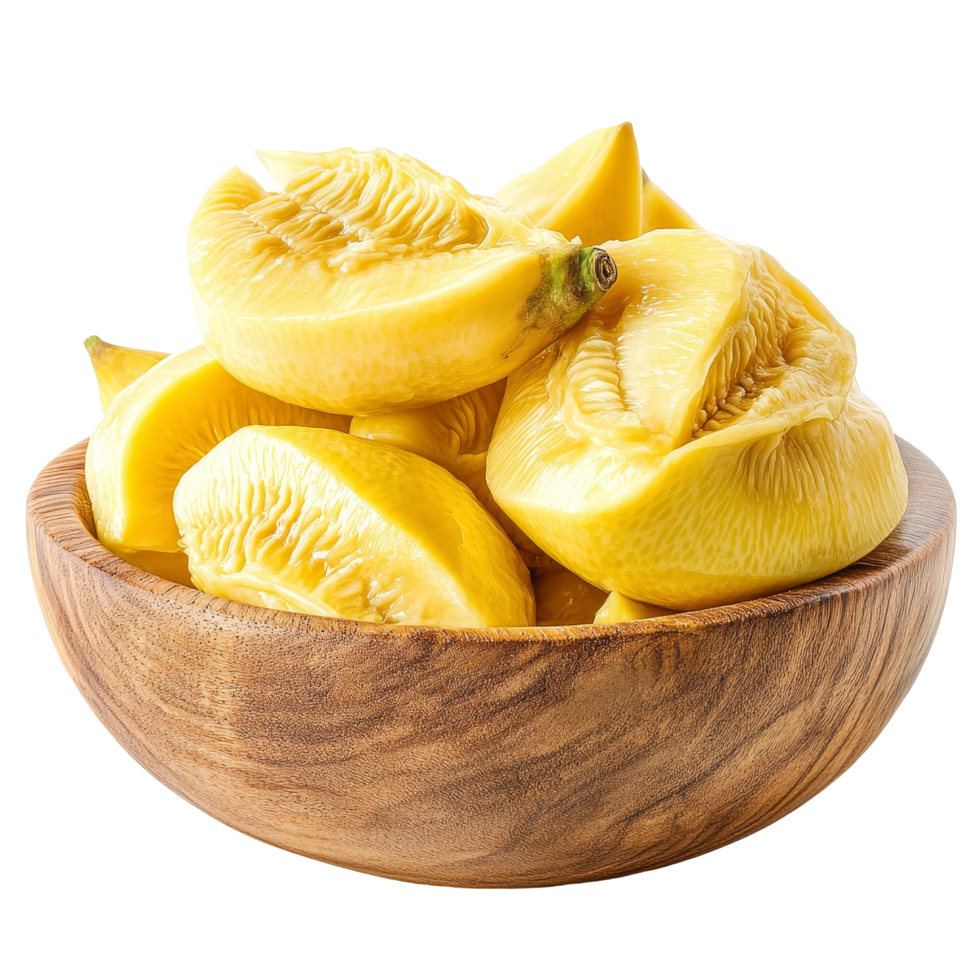 Freshly cut ripe jackfruit slices in a wooden bowl isolated on a clean transparent background ready for culinary use, Ripe Jackfruit in the wood bowl isolated on transparent background png