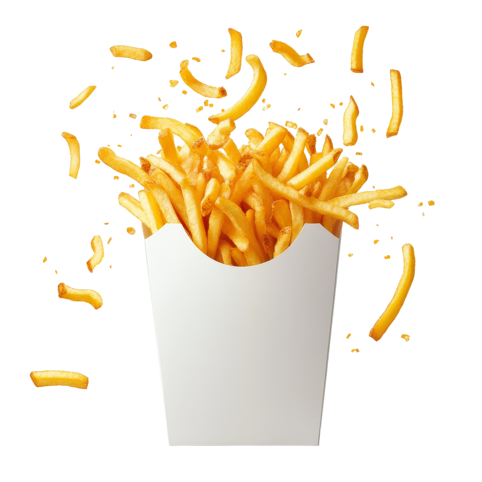 Golden French fries overflowing from a transparent paper box with crispy bits flying in the air, French fries bursting out from transparent paper box png