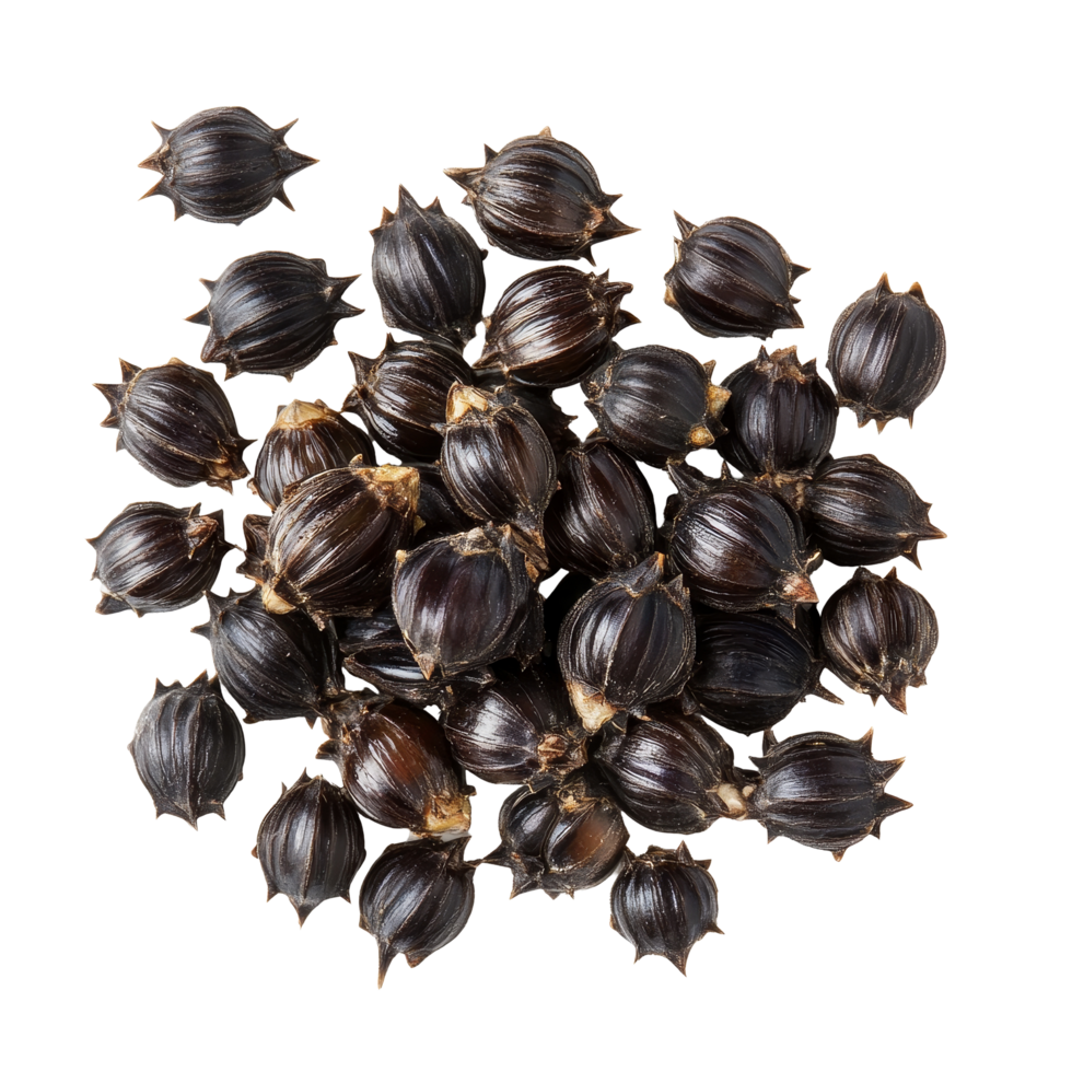 Castor oil seeds displayed against a clean transparent background highlighting their unique shape and texture in a detailed view, Castor oil seeds isolated on transparent background png
