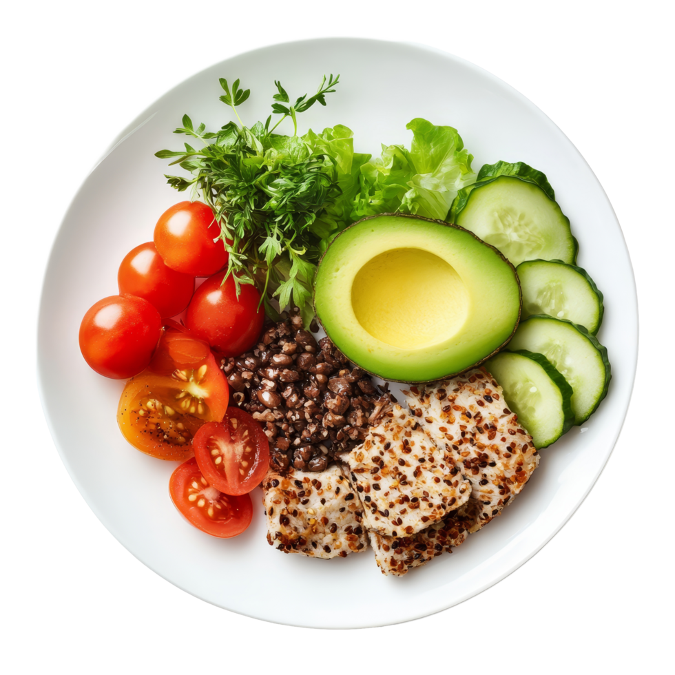 A balanced and nutritious meal featuring grilled chicken, fresh vegetables, and sliced avocado on a transparent plate, Healthy Meal Isolated on transparent background png