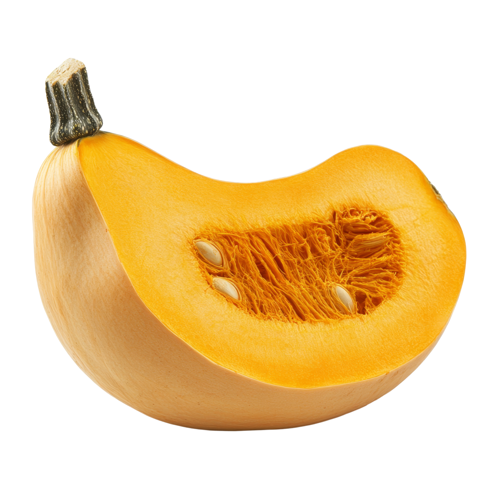 Half butternut squash on a transparent background showcasing its vibrant orange flesh and seeds for culinary use, half butternut squash isolated on transparent background png