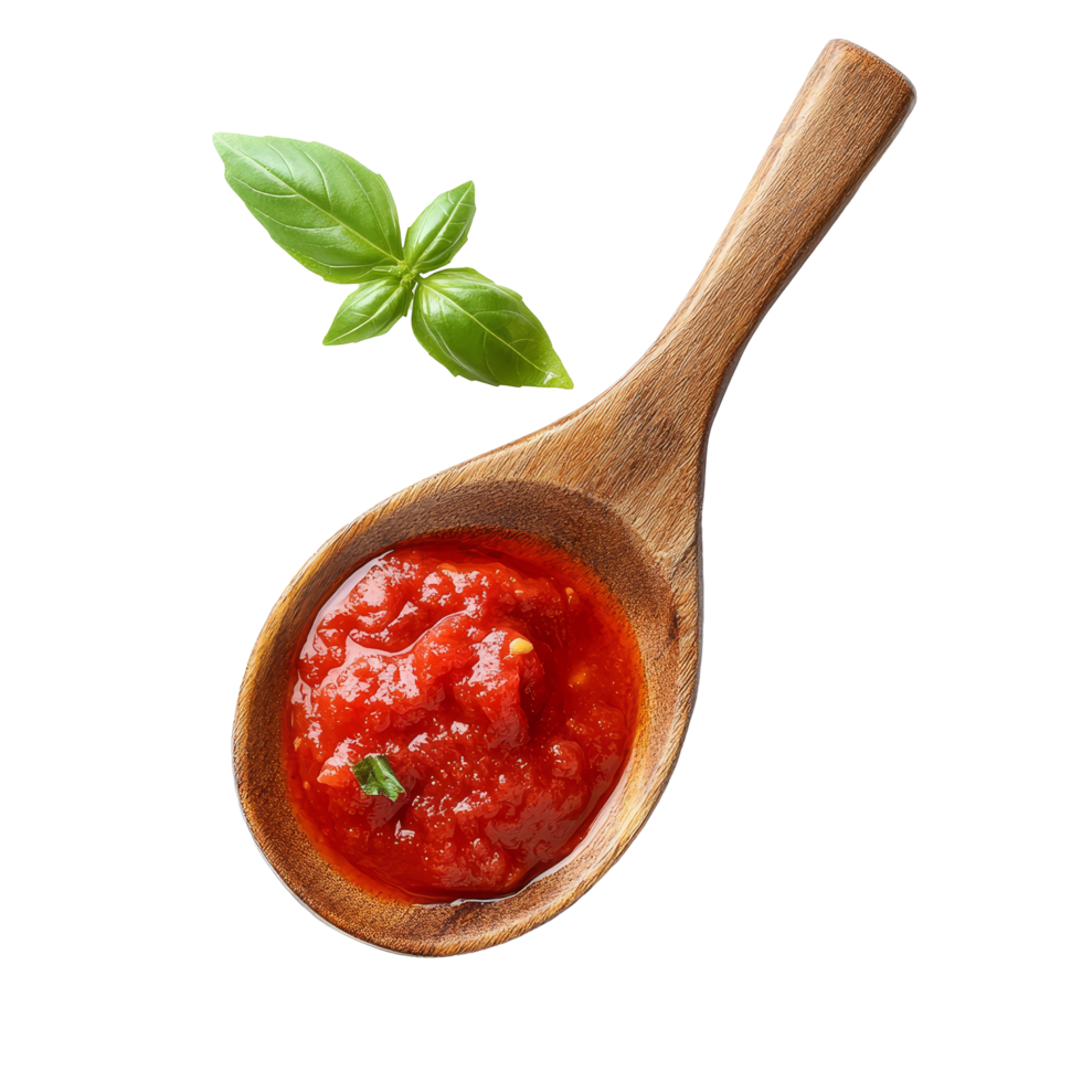 Wooden spoon filled with rich tomato sauce and fresh basil leaves on a clean transparent background, Wooden Spoon with Tomato Sauce and Basil on transparent background png