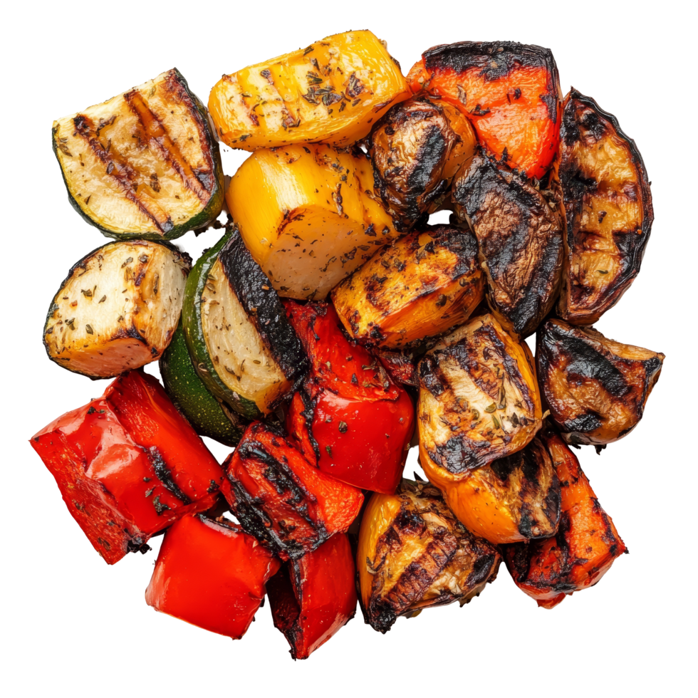 Grilled zucchini, bell peppers, and onion arranged on a transparent plate for a delicious summer meal preparation, Isolated portion of grilled vegetables png
