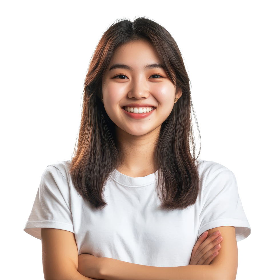 Happy young Asian student girl smiling with arms crossed in a bright studio environment, Portrait Happy Young Asian student girl cross arm isolated transparent background png