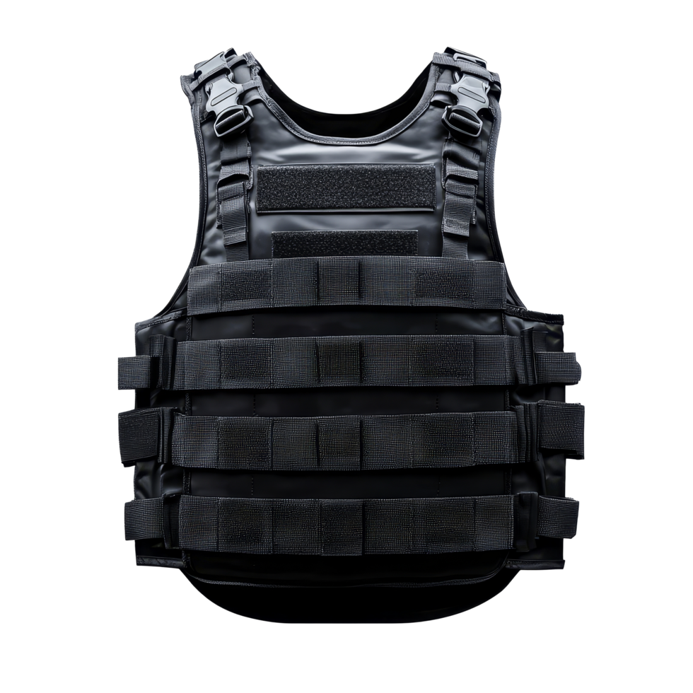 Bulletproof vest body armor designed for protection, featuring adjustable straps, isolated on a transparent background, Bulletproof Vest Body Armor Isolated on transparent background png