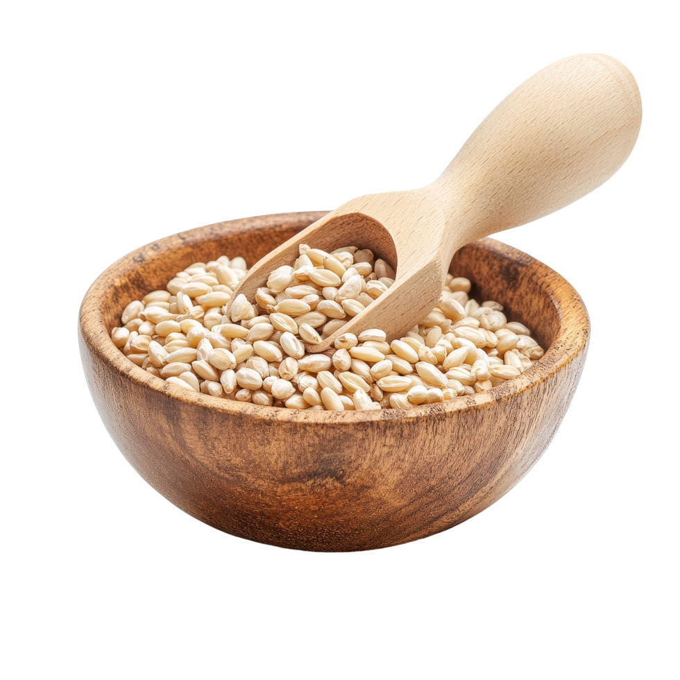 A scoop of pearl barley in a wooden bowl on a transparent background ready for cooking and healthy meal preparation, pile of pearl barley in wood bowl scoop isolated on transparent background png