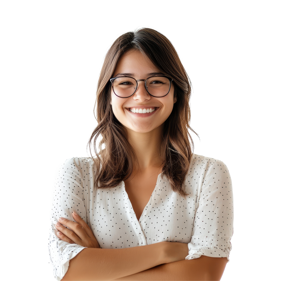 Friendly smiling teacher with arms crossed, showcasing confidence and approachability in a bright, isolated setting, teacher lady friendly smiling arms crossedisolated transparent background png