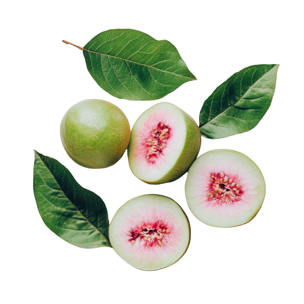 Fresh guava fruit halved with vibrant pink flesh and surrounded by green leaves on a clean transparent background, guava on transparent background png