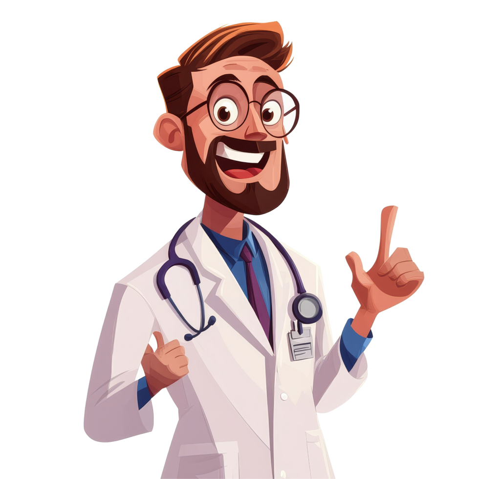 A quirky cartoon doctor showcasing a vibrant personality while standing against a plain transparent background, ready to help in a fun, animated style, crazy cartoon doctor isolated on transparent png