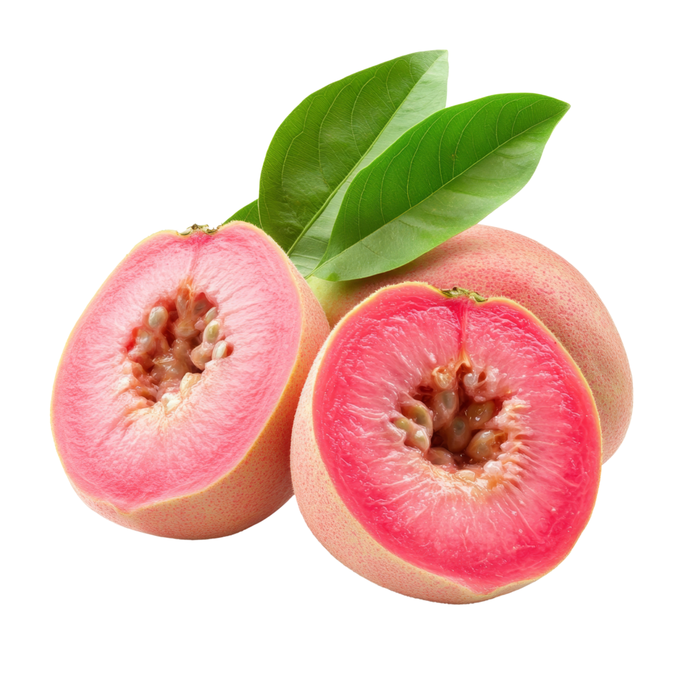 Fresh pink guava fruit cut in half with green leaves on a bright transparent background showcasing its juicy interior, pink guava fruit isolated on transparent background png