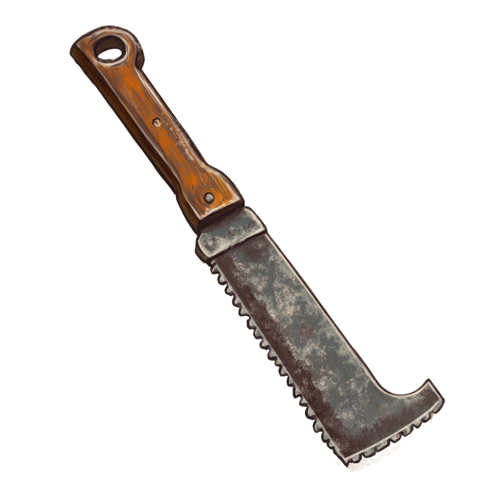Detailed illustration of a hacksaw with a wooden handle, showcasing its sharp teeth and practical design for cutting, Hacksaw with handle Stock Illustration png