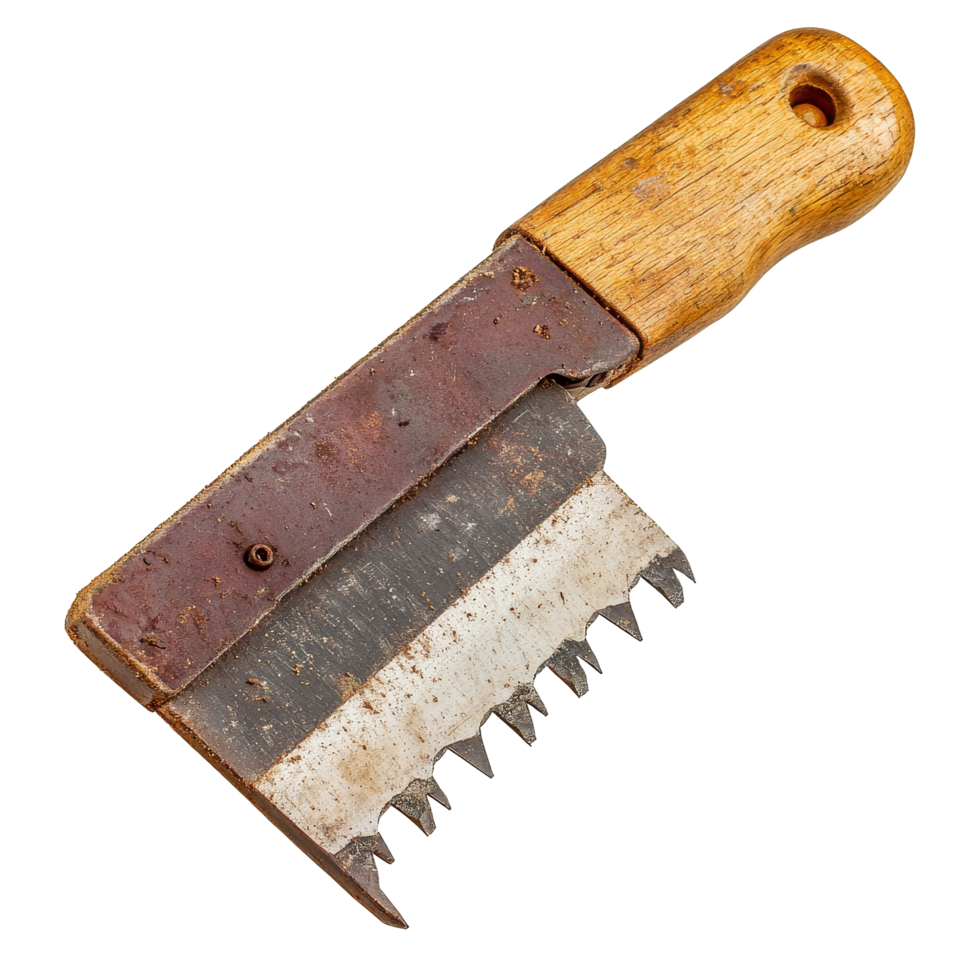 Hand saw with wooden handle, highlighted against a plain background, ideal for woodworking and cutting tasks, Hand saw isolated png