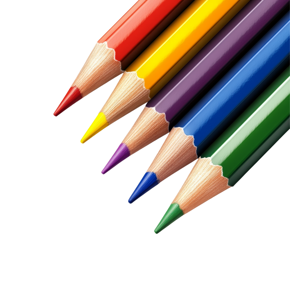 A vibrant collection of colored pencils arranged in a row on a transparent background, of colored pencils, file of isolated object with shadow on transparent background png