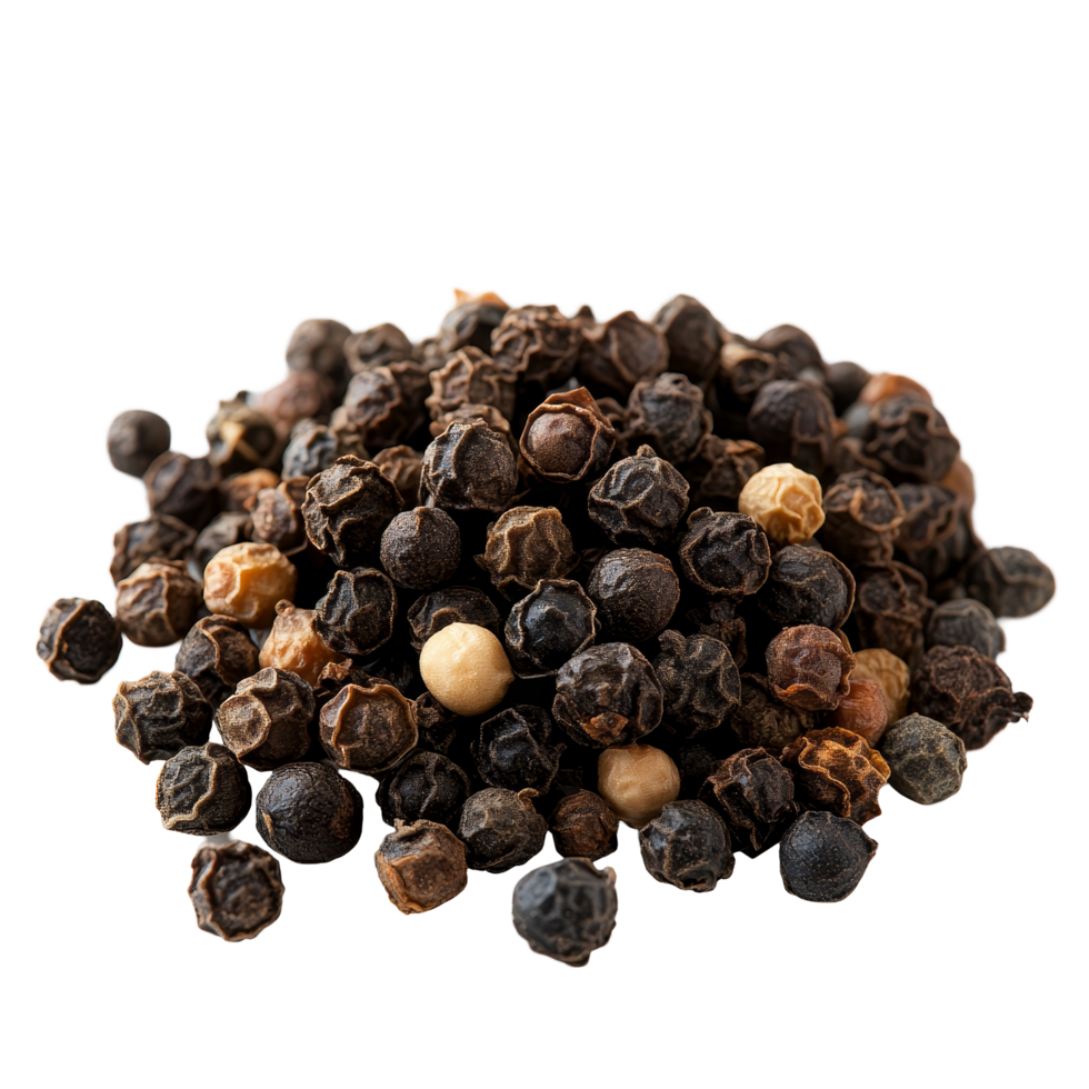 Fresh black peppercorns arranged in a pile on a transparent background showcasing their varied colors and textures, of pepper full depth of field on transparent background png