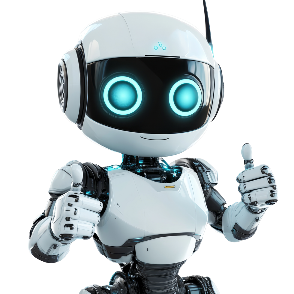 Friendly AI robot giving a thumbs up against a clean transparent background, Friendly AI Robot with Thumbs Up on transparent background png