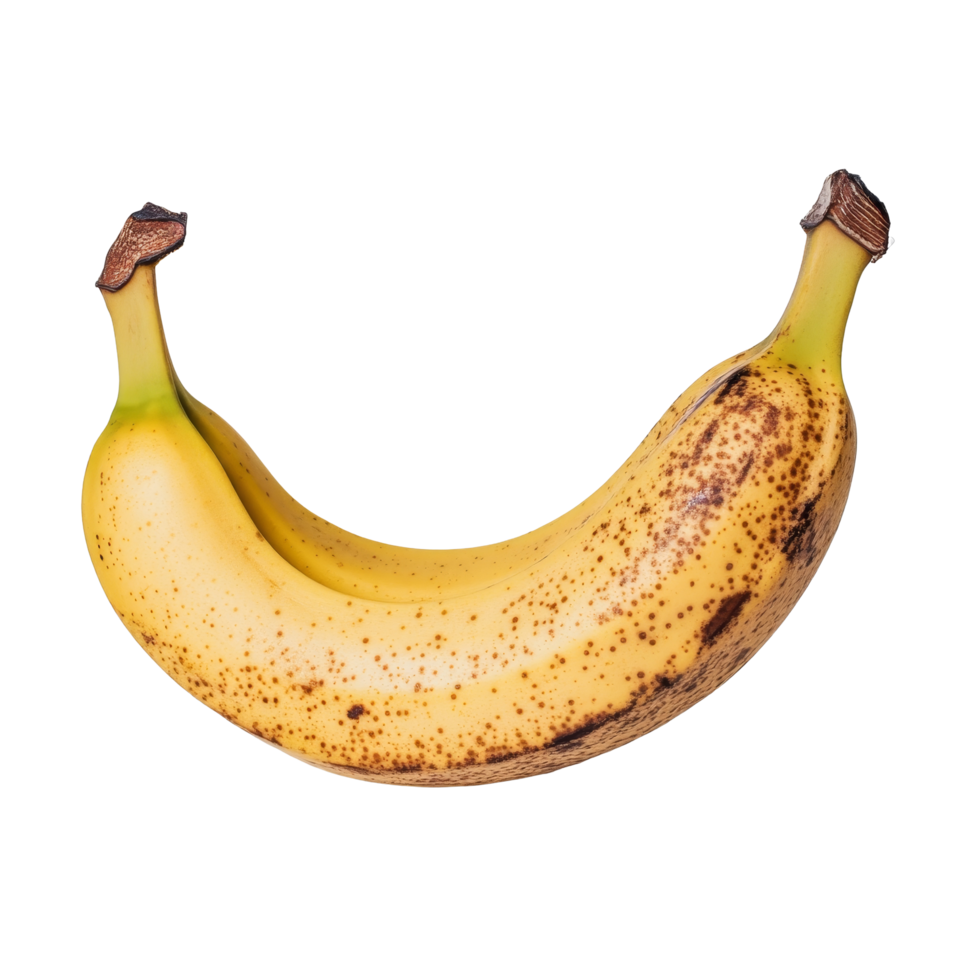 A ripe banana with brown spots on a clean transparent background, highlighting its vivid yellow, banana on transparent background png