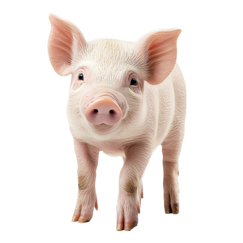 A cute standing piglet looks directly at the camera against a clean transparent background, showcasing its playful personality, standing piglet look on camera, isolated transparent background png