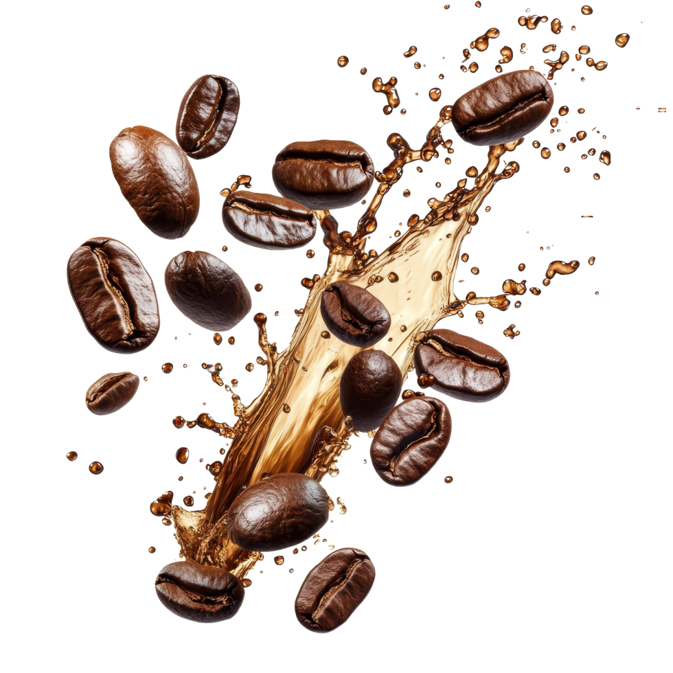 Coffee beans create a dynamic splash in tones against a transparent backdrop, capturing the essence of fresh brewing moments, Coffee beans splashing isolated png