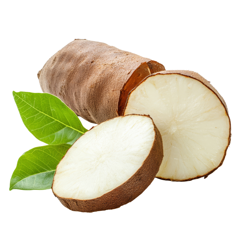 Fresh organic cassava sliced with green leaves against a clean transparent background for healthy cooking, fresh organic cassava with leaves transparent background png