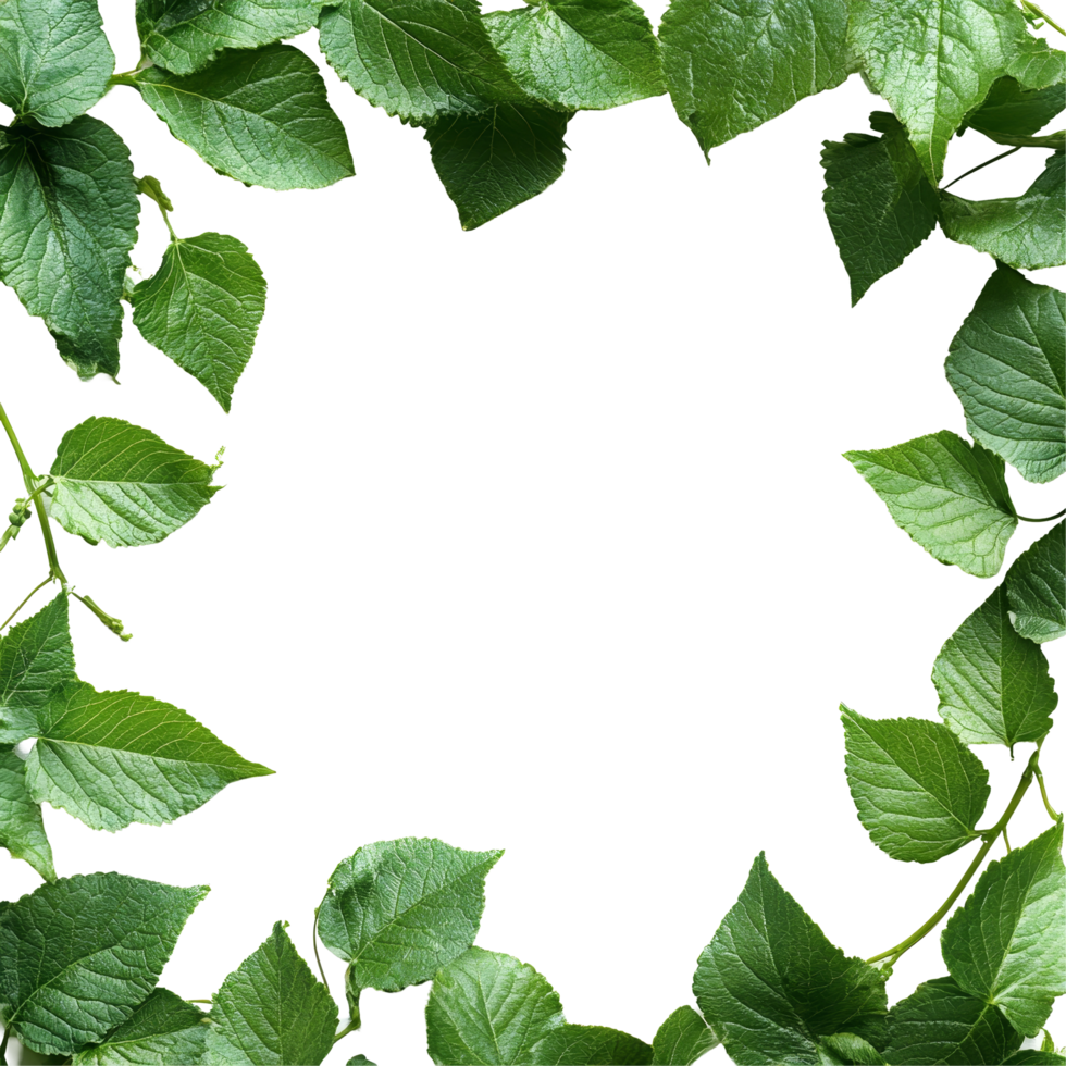 A fresh arrangement of vibrant green leaves framing a blank space for creative design on a clean transparent background, green leaves frame isolated on transparent png