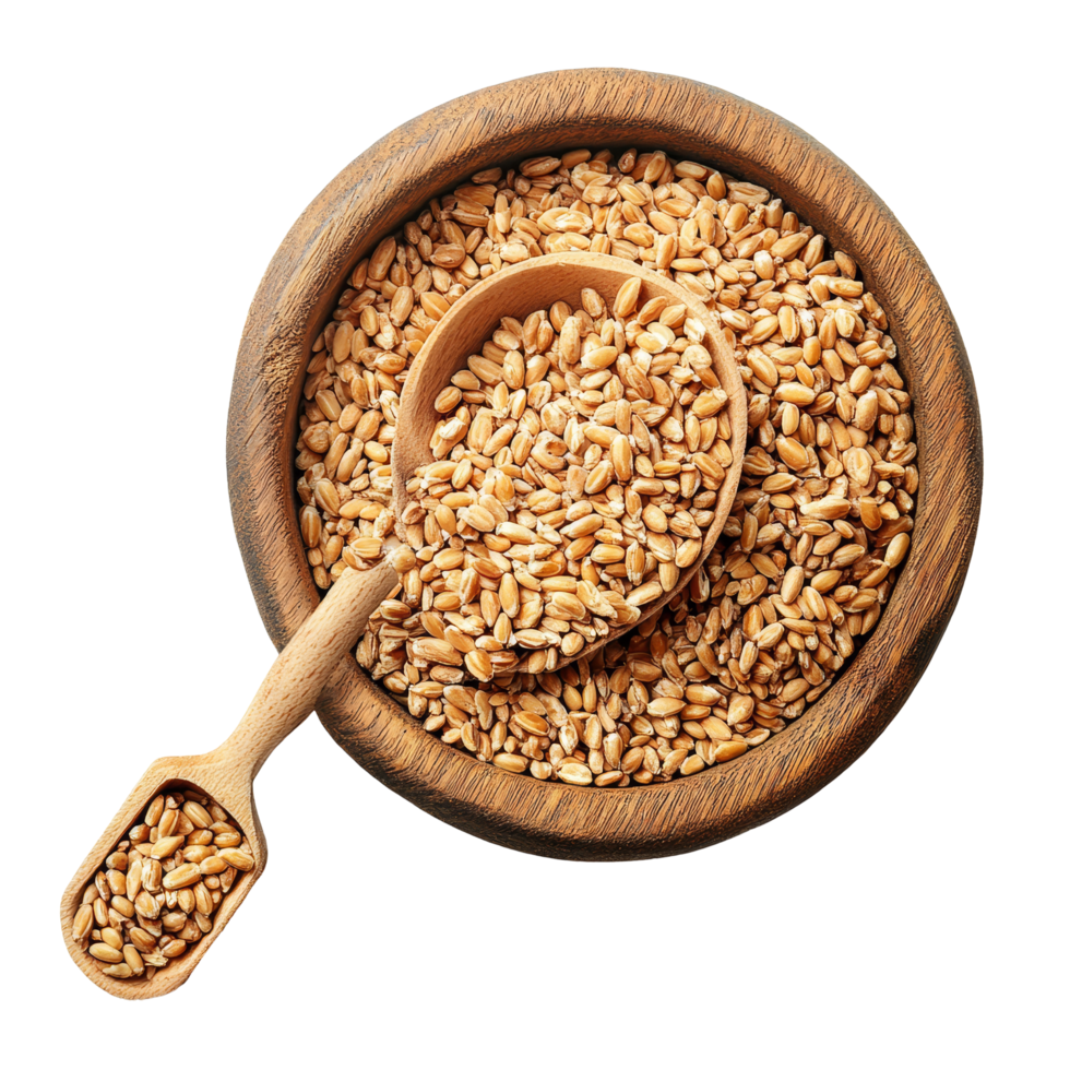 Wheat germ in a wooden bowl with a scoop, showcasing its natural texture and color against a transparent background, Wheat germ in wood bowl and scoop on transparent background png