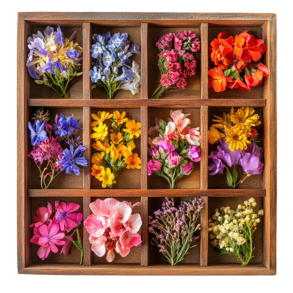 Beautifully arranged natural flowers in a rustic wooden box showcasing vibrant colors and diverse varieties, various natural flower in square wooden box top view isolated on transparent background png