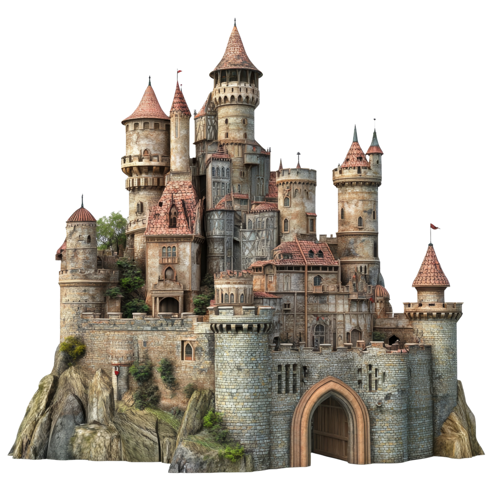 Explore a magnificent fairy tale castle showcasing elaborate medieval architecture with stunning details, Fairy Tale Castles, Fantasy Medieval Architecture Isolated on transparent background png
