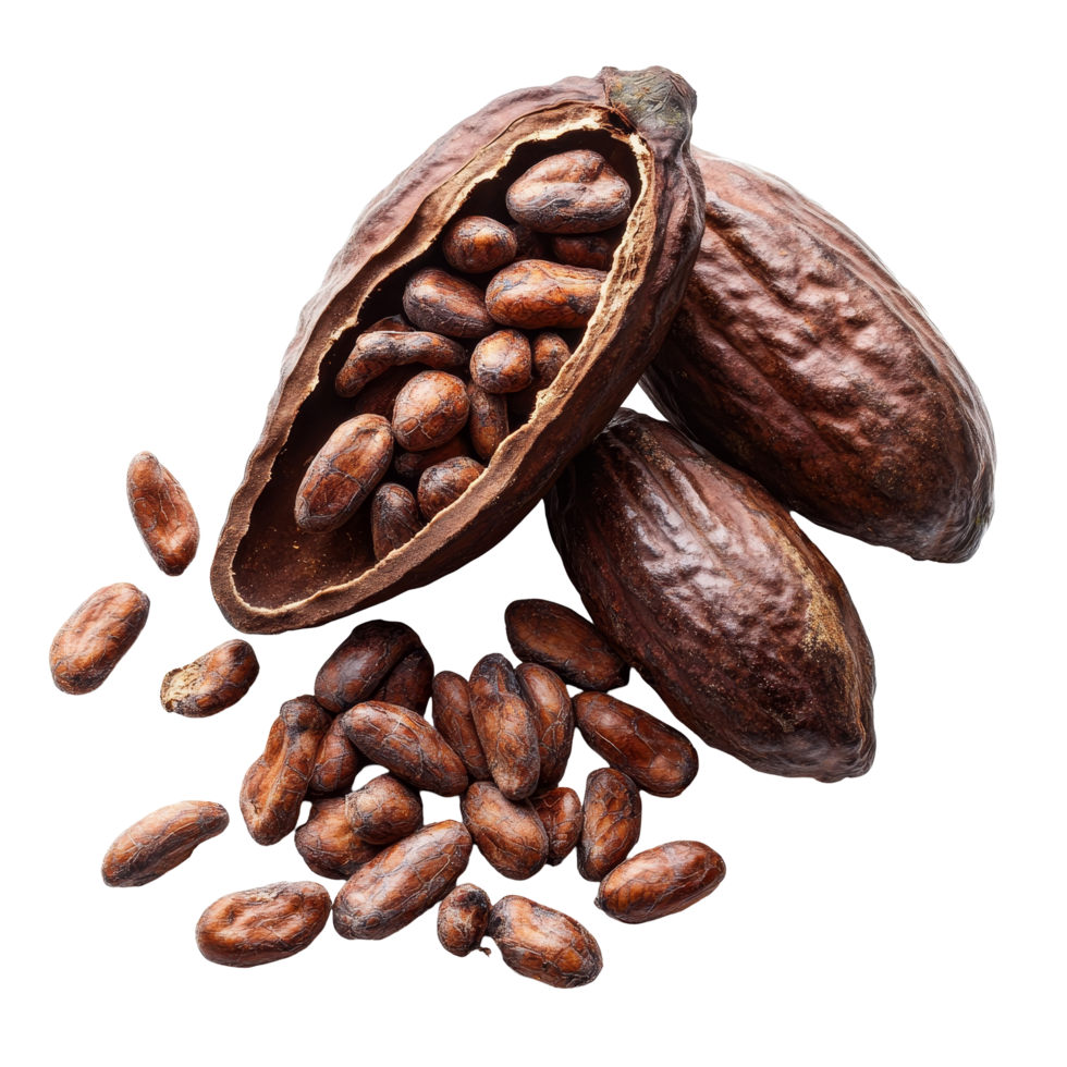 Cocoa beans and pods arranged on a bright transparent background showcasing their rich texture and color, Cocoa beans isolated on transparent background png