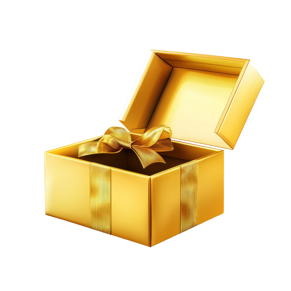A beautifully wrapped gold open gift box with an elegant ribbon ready for special occasions and celebrations, Gold open gift box Stock Illustration png