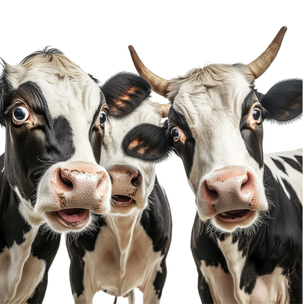 Three surprised cows with expressive faces on a transparent background, captured in a lighthearted moment, Cows with Shock Expression, Funny on transparent background png