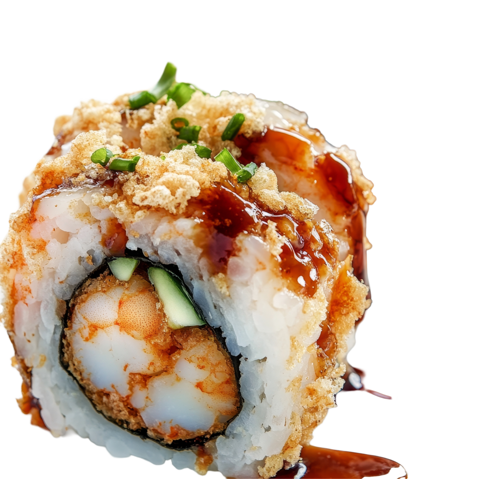 Delicious gourmet crispy shrimp sushi rolls drizzled with sauce on a transparent plate, Portion of gourmet crispy shrimp sushi rolls png