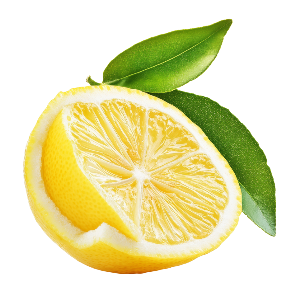 Fresh lemon with vibrant green leaves isolated on a clean transparent background showcasing its natural beauty and juiciness, lemon isolated on transparent background png