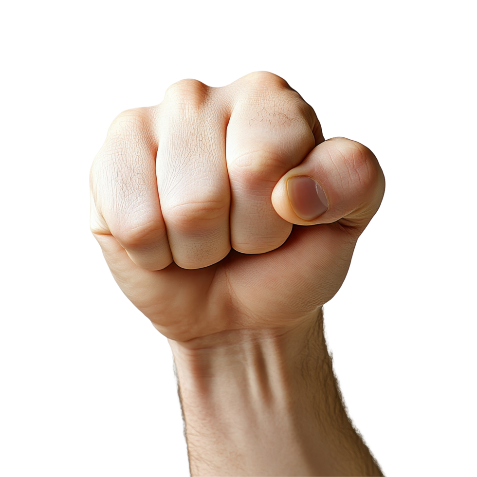 Clenched fist held up against a clean transparent background creating an expression of determination and strength, Front View of Clenched Fist on transparent background png