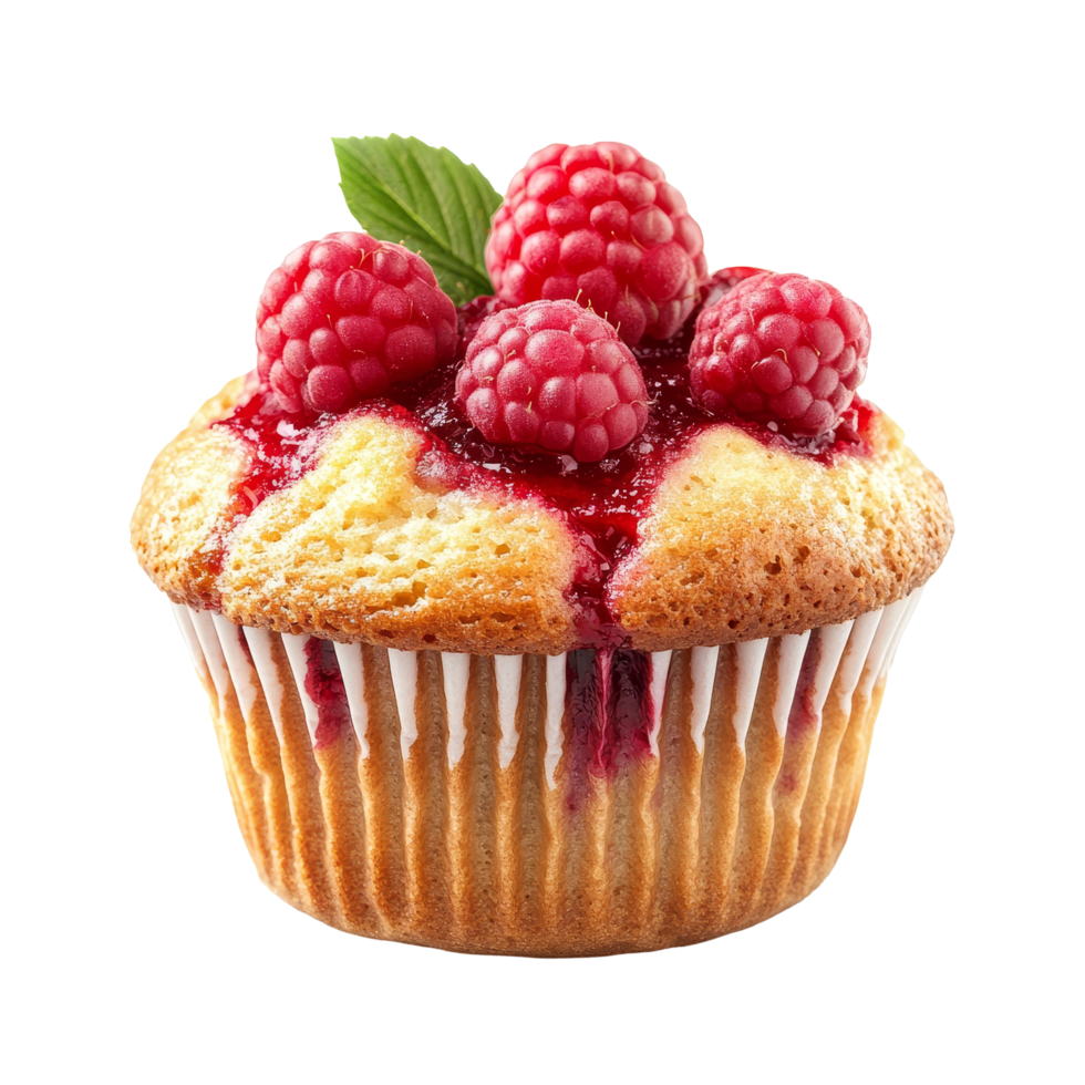 Delicious raspberry muffin topped with fresh raspberries on a clean transparent background in bright light, delicious raspberry muffin on transparent background png