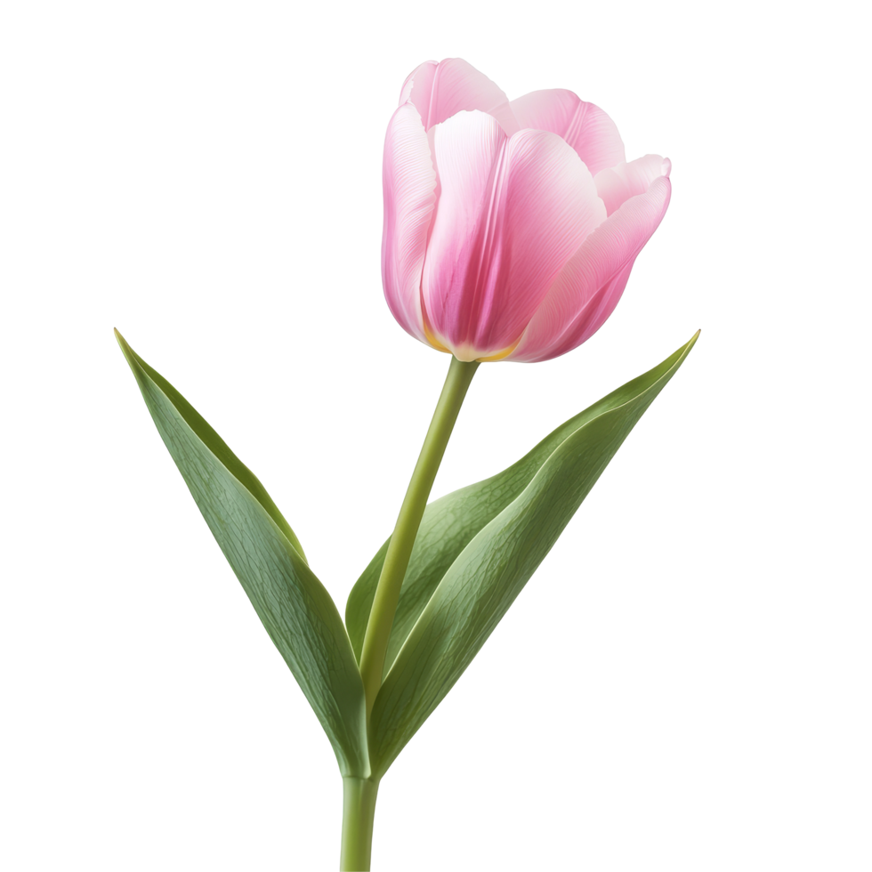 Beautiful pink tulip flower with green leaves isolated on a transparent background, highlighting its delicate features, tulip flower leaves isolated transparent background png