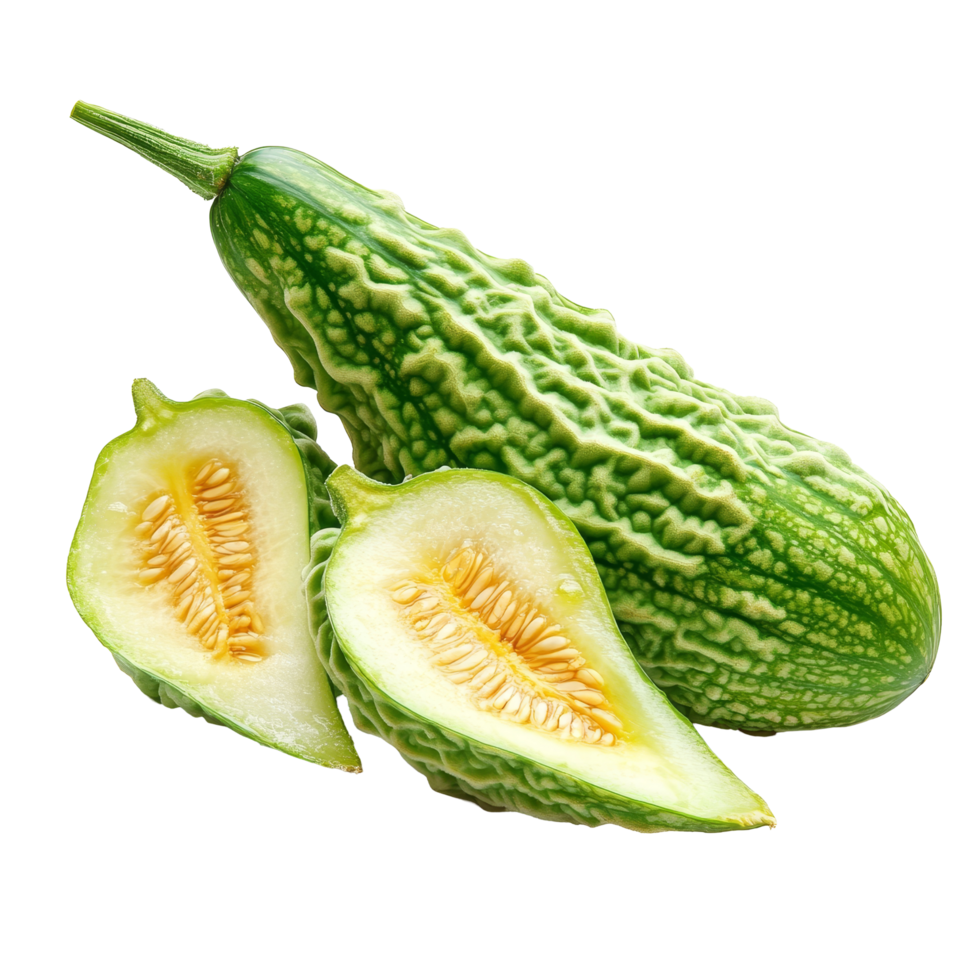 Bitter melon sliced in half on a transparent background showcasing its distinct texture and color, Bitter melon on transparent background png