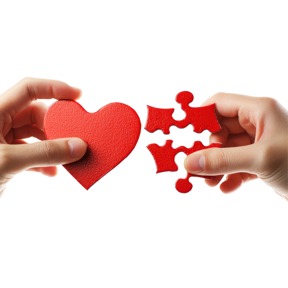 Hands carefully matching red puzzle pieces in the shape of a heart, symbolizing love and connection, Hands matching two parts of puzzle heart, isolated on transparent png
