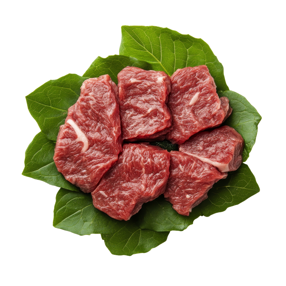 Fresh beef slices arranged beautifully on green leaves against a transparent background, beef on leaves top view isolated on transparent background png