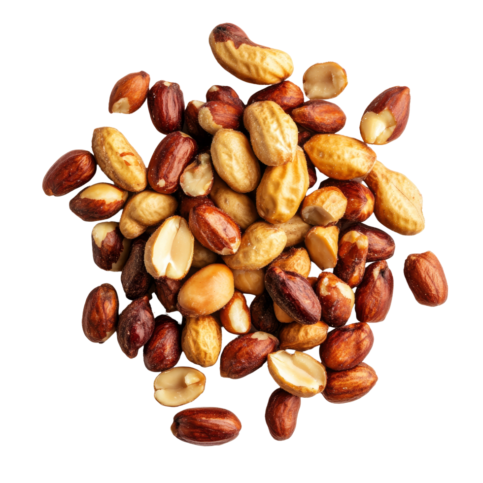 Roasted peanuts assorted on a transparent background highlighting their texture and natural colors, Peanuts Roasted nuts isolated on transparent background png