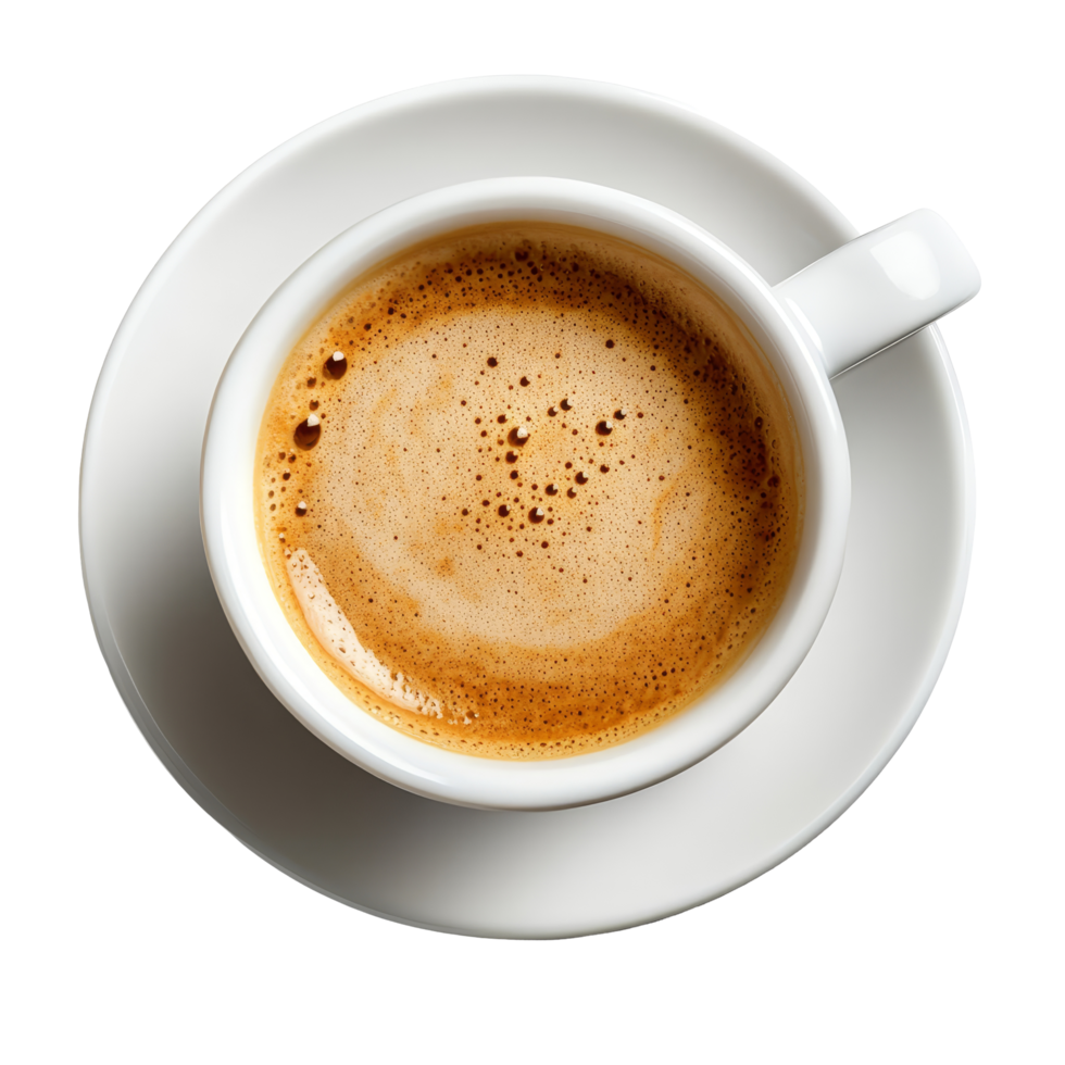 Top view of a steaming cup of coffee on a transparent background, highlighting rich texture and color, Top view of cup of coffee isolated on transparent background png
