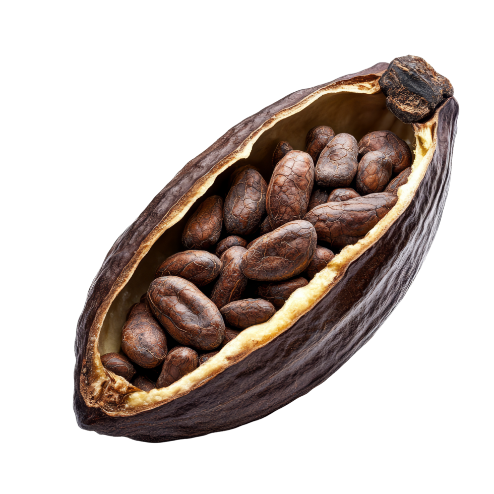 Cocoa pod showcasing raw cacao beans on a clean transparent background with natural lighting features, Cocoa pod isolated on transparent background png