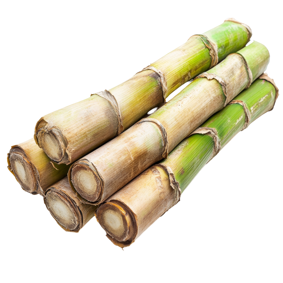 Freshly harvested sugarcane stalks arranged neatly on a transparent background with a clean and simple presentation, sugarcane on transparent background png