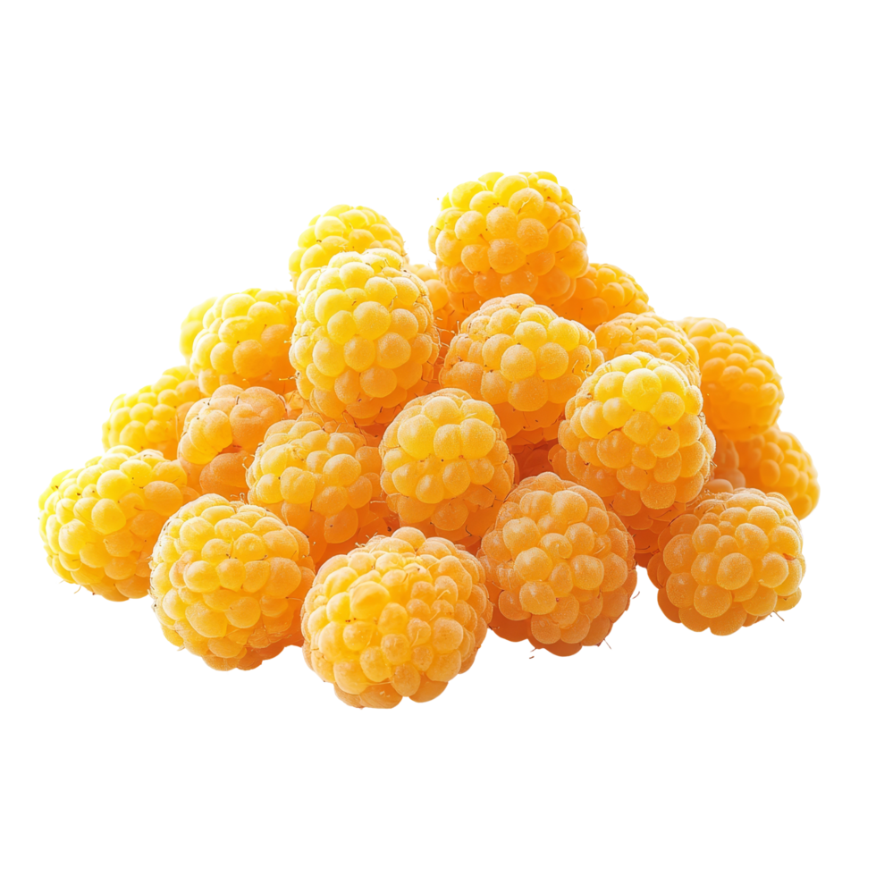 Fresh yellow raspberries piled on a transparent background perfect for desserts and healthy snacks, Yellow raspberries isolated on transparent background png